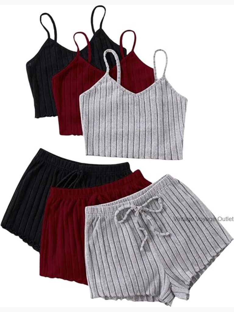 6 Piece Ribbed Pajama Set Spaghetti Strap Cami Crop Top Shorts Lounge Set